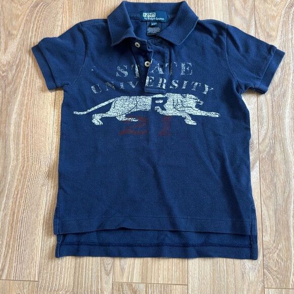 POLO by RALPH LAUREN ..Boys Navy 'State University' Print Polo Shirt Sz 2 - Picture 1 of 5